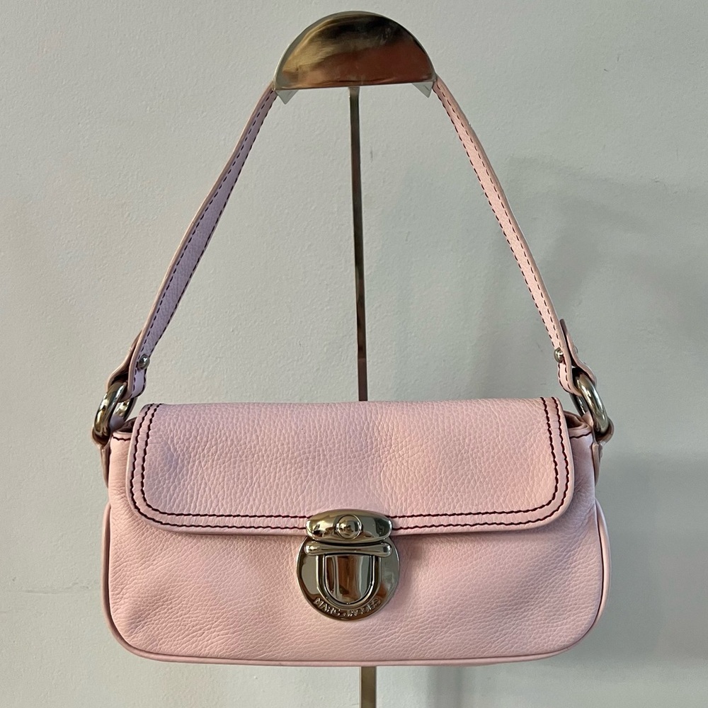 Marc Jacobs Louise Mini Flap Bag Push Lock Baguette Calf Leather Pink Y2K Italy